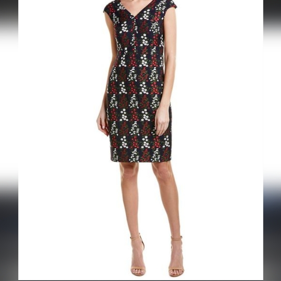 Discreet Floral Capped Sleeve Brooks Brothers Navy Dress Size 2 - Picture 2 of 11